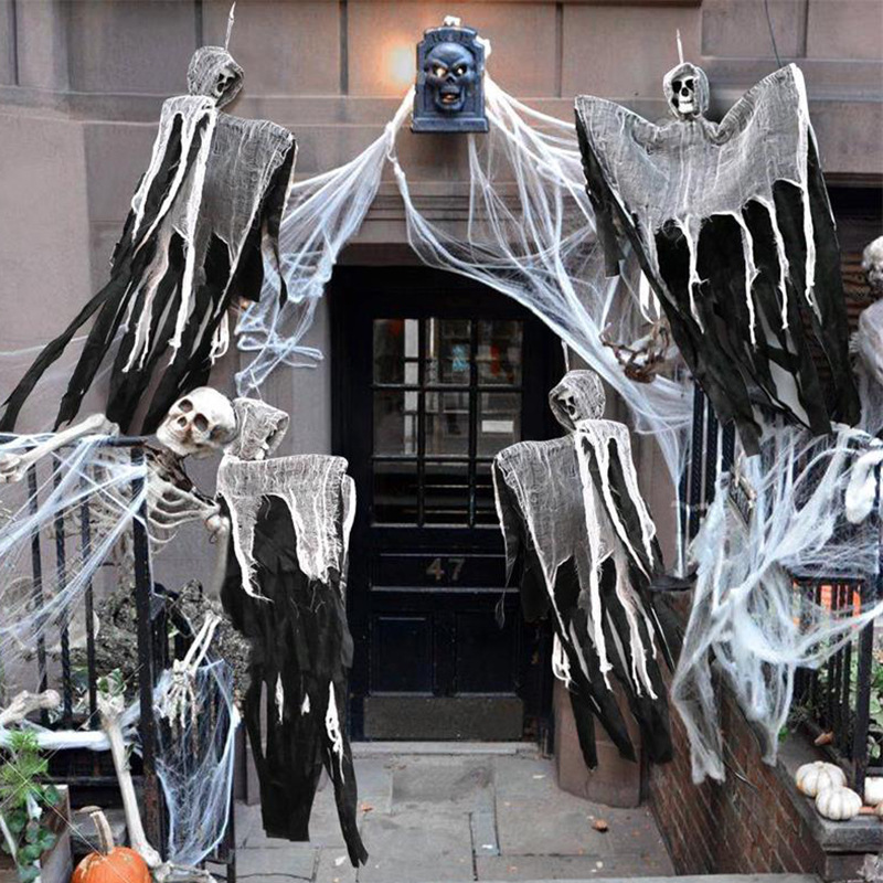 Hanging Ghost Decorations Scary Flying Gauze Ghost Hanging with Skeleton Mask Halloween Door Decor