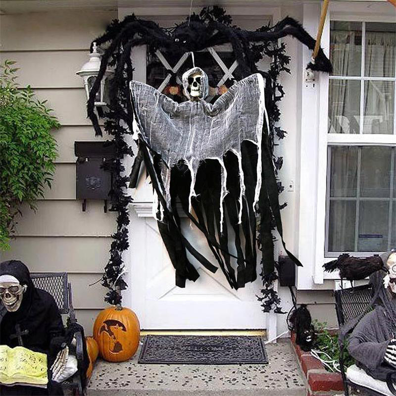 Hanging Ghost Decorations Scary Flying Gauze Ghost Hanging with Skeleton Mask Halloween Door Decor