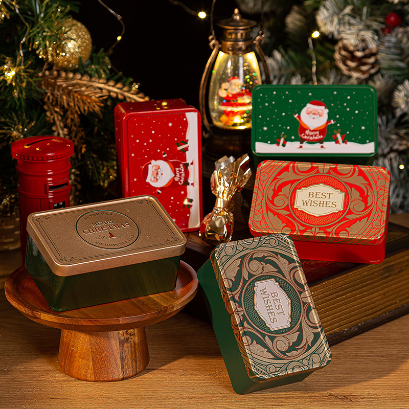 Christmas Tin Box Vintage Santa Claus Elk Snowman Pattern Candy Tin Box Metal Christmas Candy Box