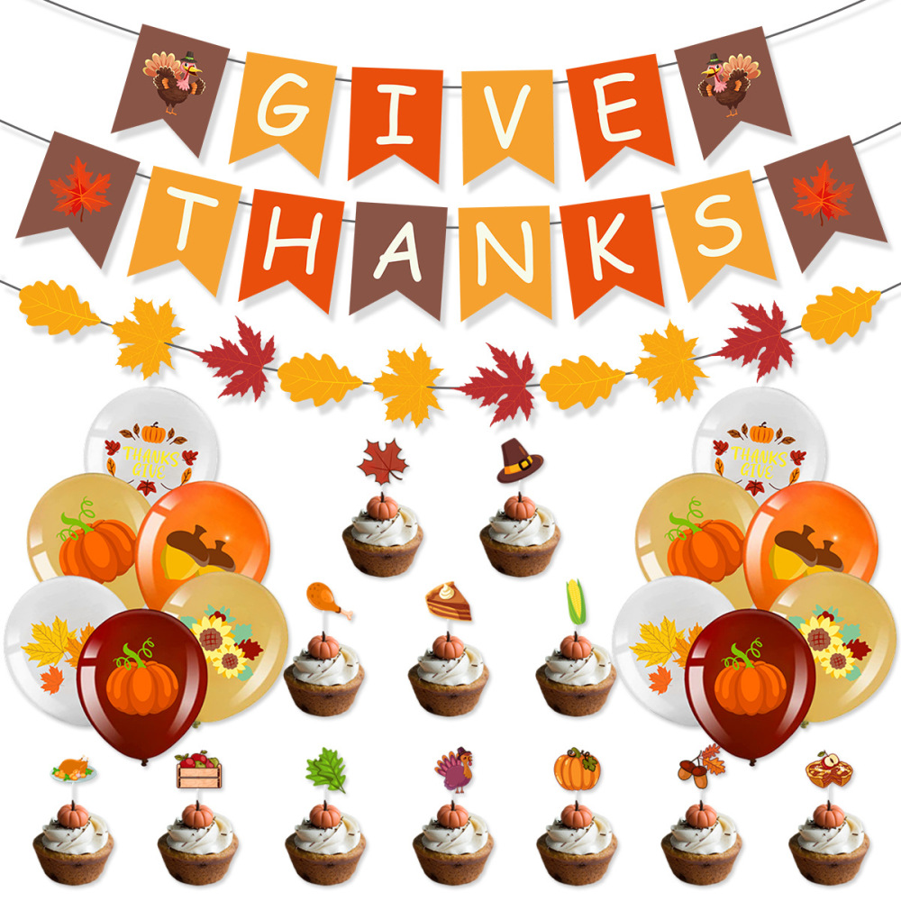 Thanksgiving Decorations Pull Flags Maple Leaf Pumpkin Banner Balloon Set Fall Party Decorations
