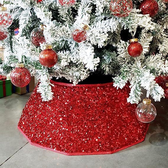 Christmas Tree Stand Base Sequins Christmas Tree Burgundy Shimmer Velvet Tree Stand Cover Sparkling Tree Skirt Christmas Decorations Maroon Xmas Tree Base