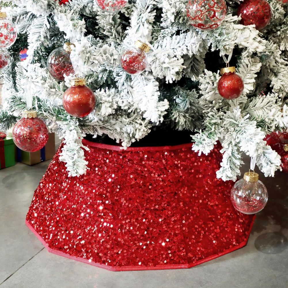 Christmas Tree Stand Base Sequins Christmas Tree Burgundy Shimmer Velvet Tree Stand Cover Sparkling Tree Skirt Christmas Decorations Maroon Xmas Tree Base