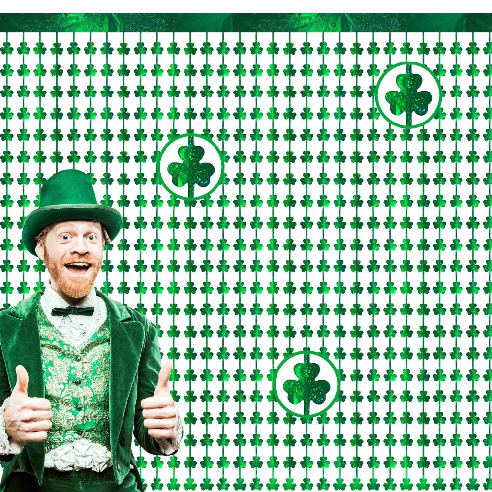 St.Patrick’s Day Shamrock Foil Curtain - Irish Lucky Green Clover Backdrop Photo Booth Party Decorations Supplies