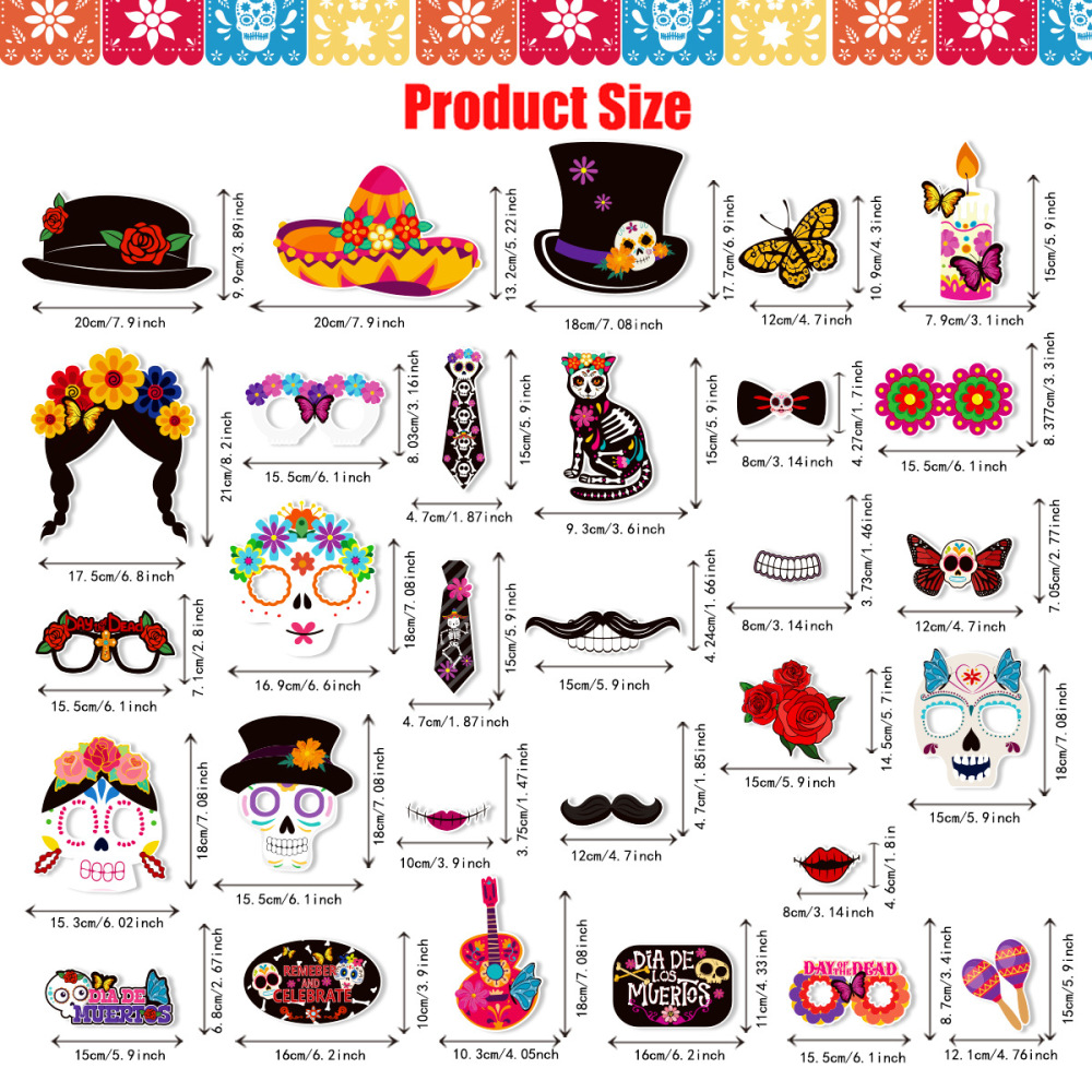 Day of The Dead Photo Booth Props Mexican Fiesta Photo Props for Day of The Dead and Cinco de Mayo Decorations Sugar Skull Photo Booth Props Kit