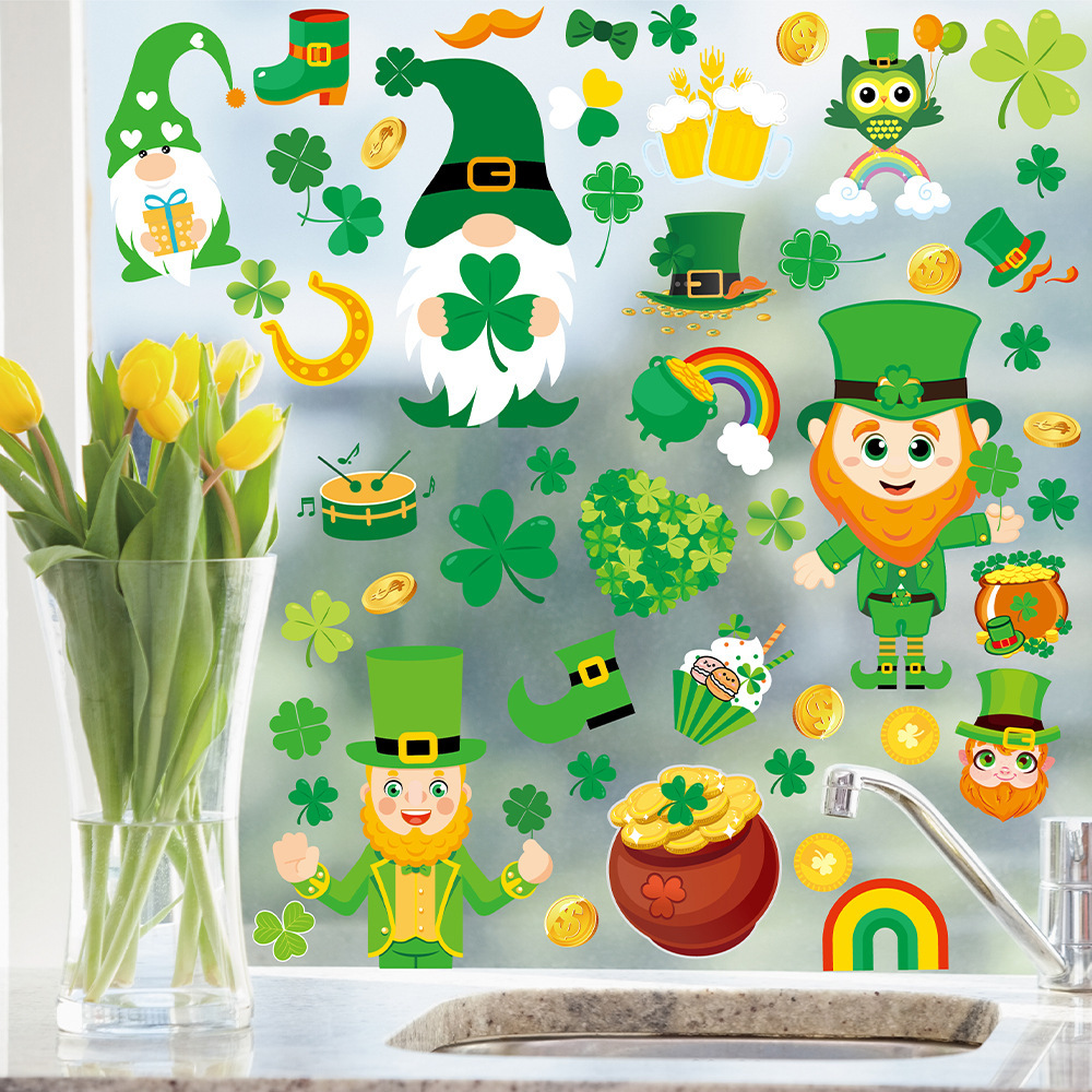 St. Patrick's Day Window Sticker Shamrock Dwarf Window Glass Decorative Irish Festival Static Window Sticker