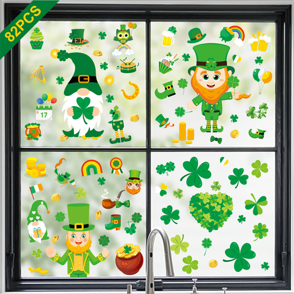 St. Patrick's Day Window Sticker Shamrock Dwarf Window Glass Decorative Irish Festival Static Window Sticker