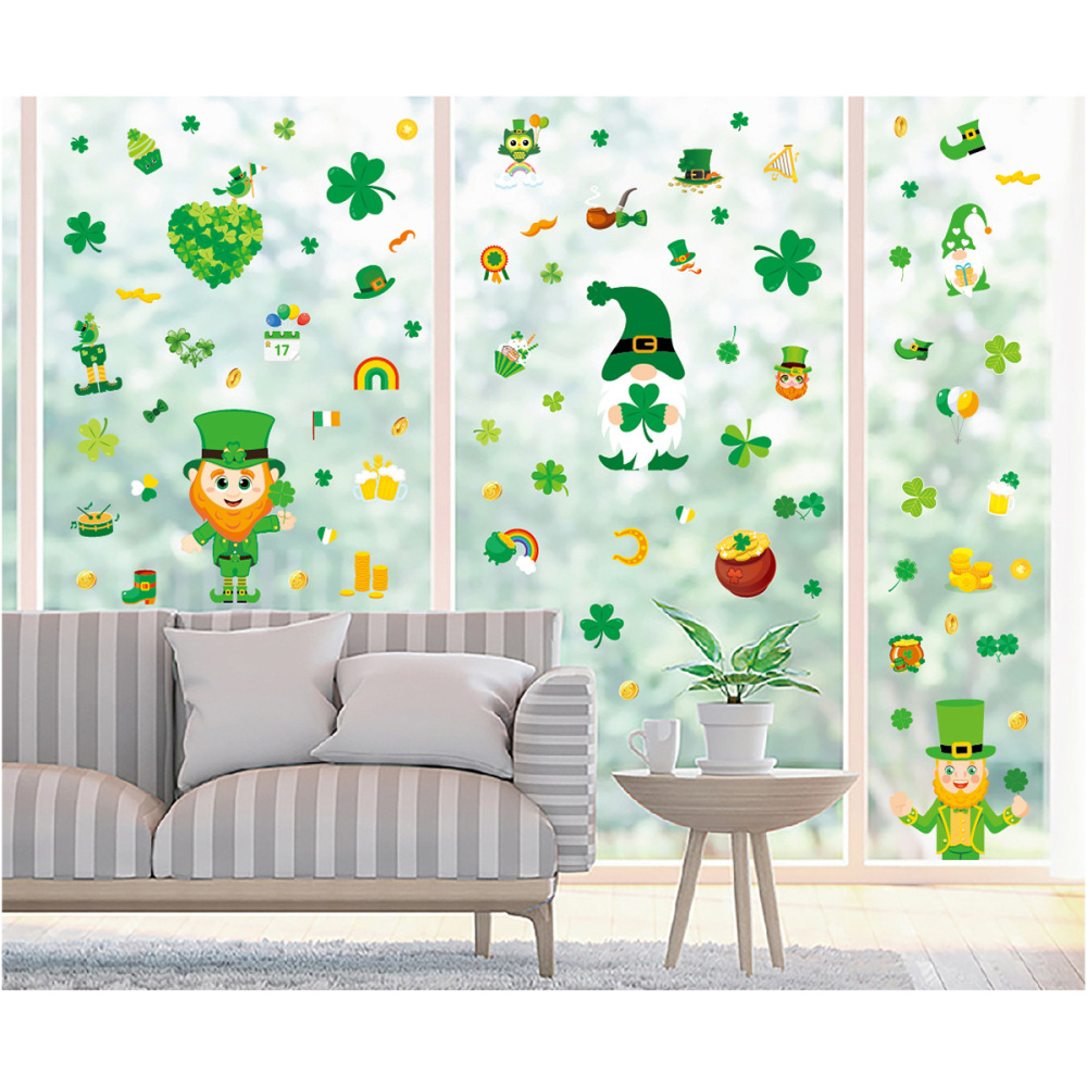 St. Patrick's Day Window Sticker Shamrock Dwarf Window Glass Decorative Irish Festival Static Window Sticker