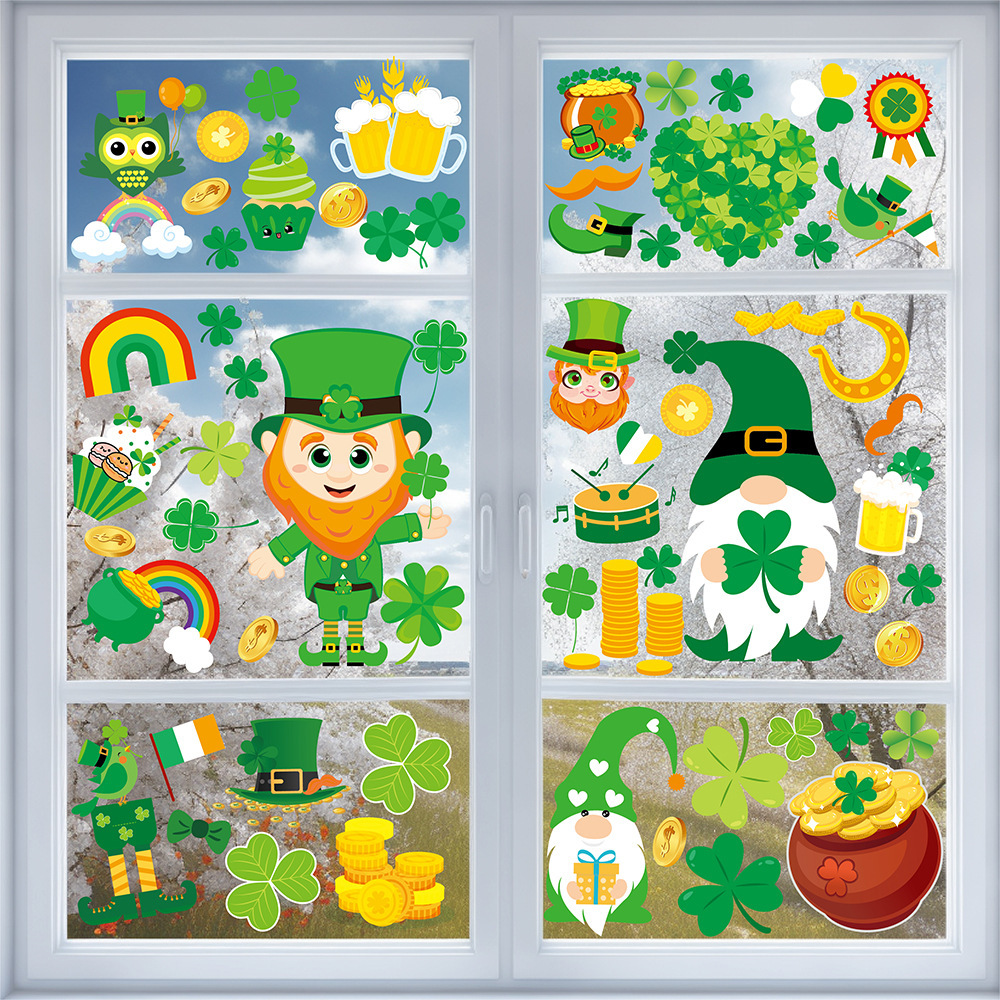 St. Patrick's Day Window Sticker Shamrock Dwarf Window Glass Decorative Irish Festival Static Window Sticker