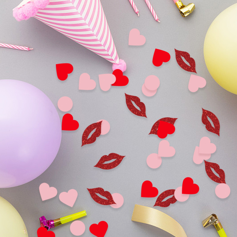 Valentine's Day Pink Red Heart Confetti with Circles Lips Love Confetti Decorations for Engagements Weddings Baby Showers Mother's Day Birthday Table Decor Glitter Party Supplies