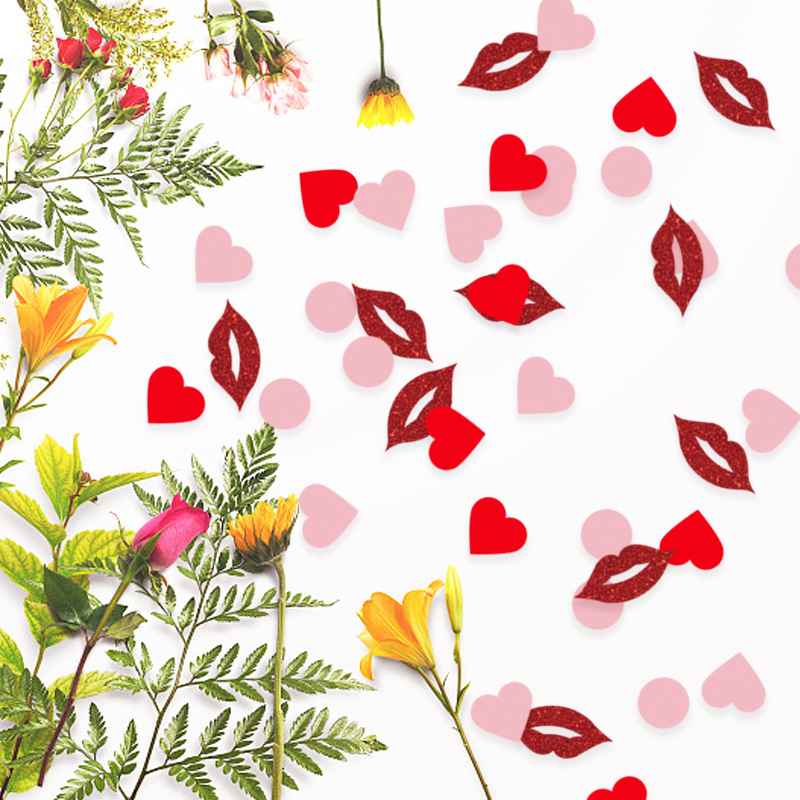 Valentine's Day Pink Red Heart Confetti with Circles Lips Love Confetti Decorations for Engagements Weddings Baby Showers Mother's Day Birthday Table Decor Glitter Party Supplies