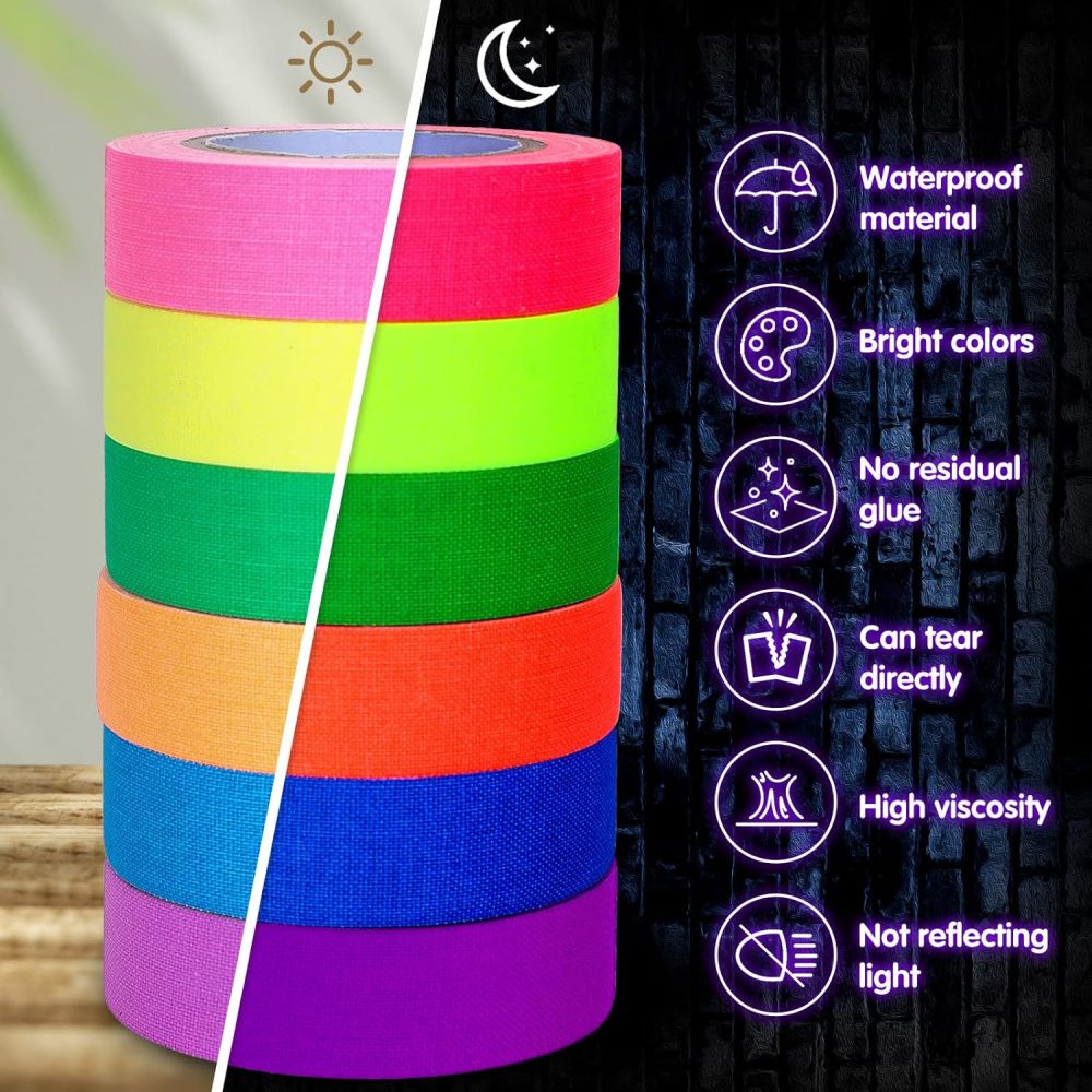 6 Colors Neon Gaffer Cloth Tape Glow in the Dark Neon Duct Tape Fluorescent Ultraviolet Black Light Luminous Masking Tape