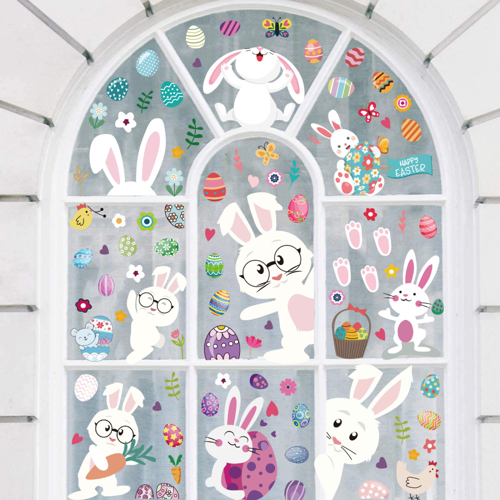 Easter Decorations Window Cling Cute Large Bunny Eggs Happy Easter Window Clings for Glass Windows Door Kitchen Bathroom Spring Decals Stickers for Kids Home Holiday