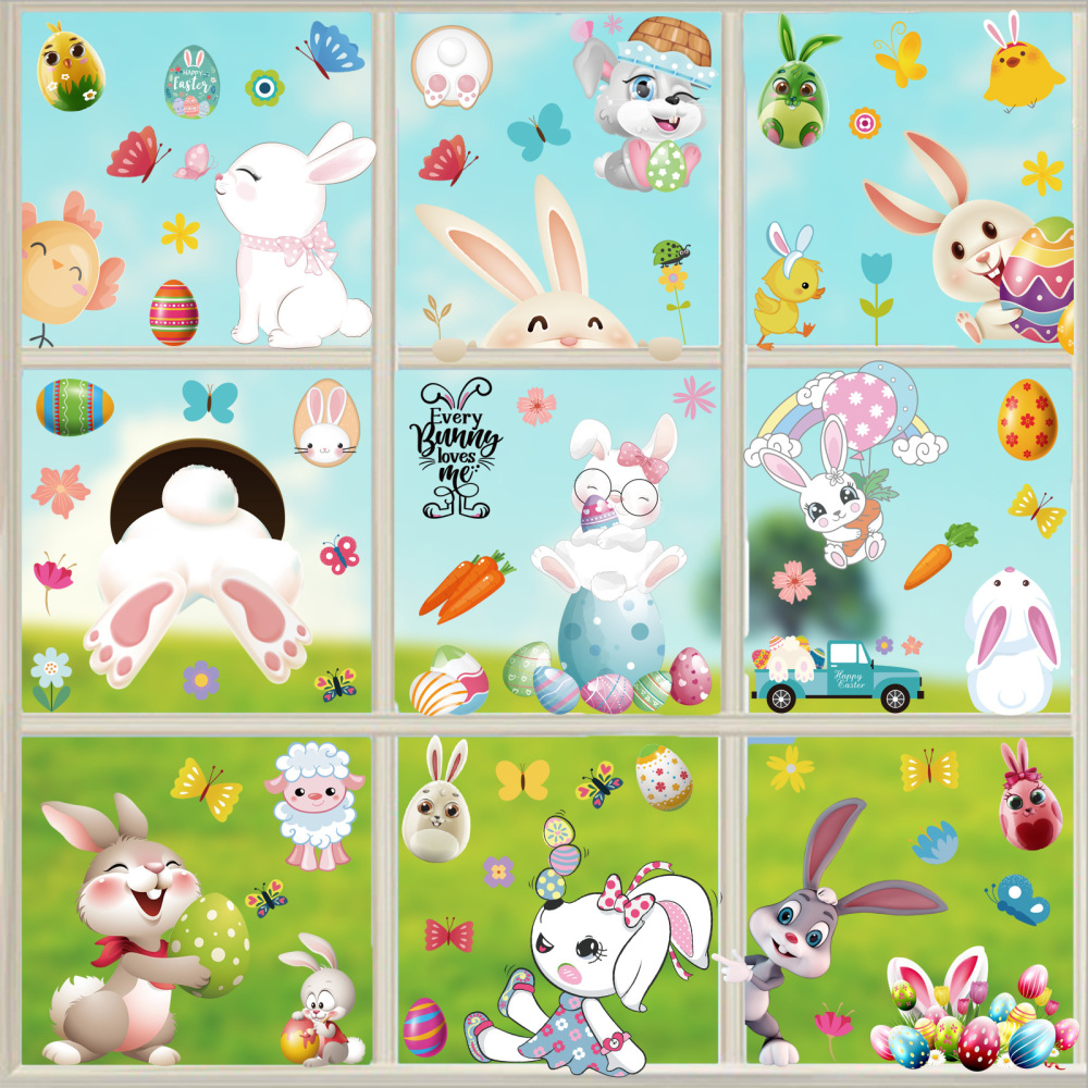 Easter Decorations Window Cling Cute Large Bunny Eggs Happy Easter Window Clings for Glass Windows Door Kitchen Bathroom Spring Decals Stickers for Kids Home Holiday