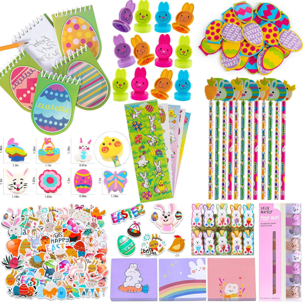 Easter Party Favors School Supplies for Boys Girls Easter Stationery Set Spring Easter Treat Bags Goodies Fillers Game Prizes,Easter Pencils Erasers Stickers Stamps Classrooms Gifts Easter