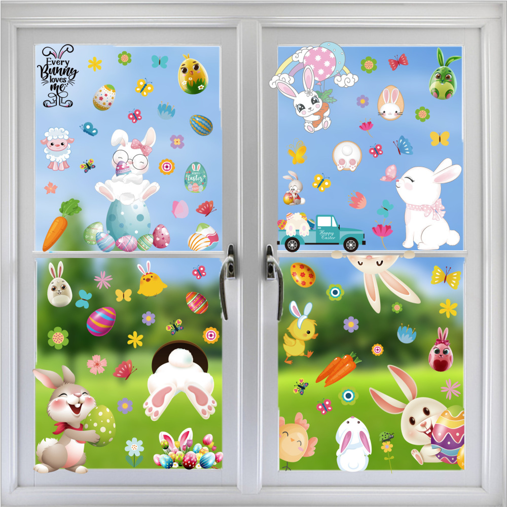 Easter Decorations Window Cling Cute Large Bunny Eggs Happy Easter Window Clings for Glass Windows Door Kitchen Bathroom Spring Decals Stickers for Kids Home Holiday