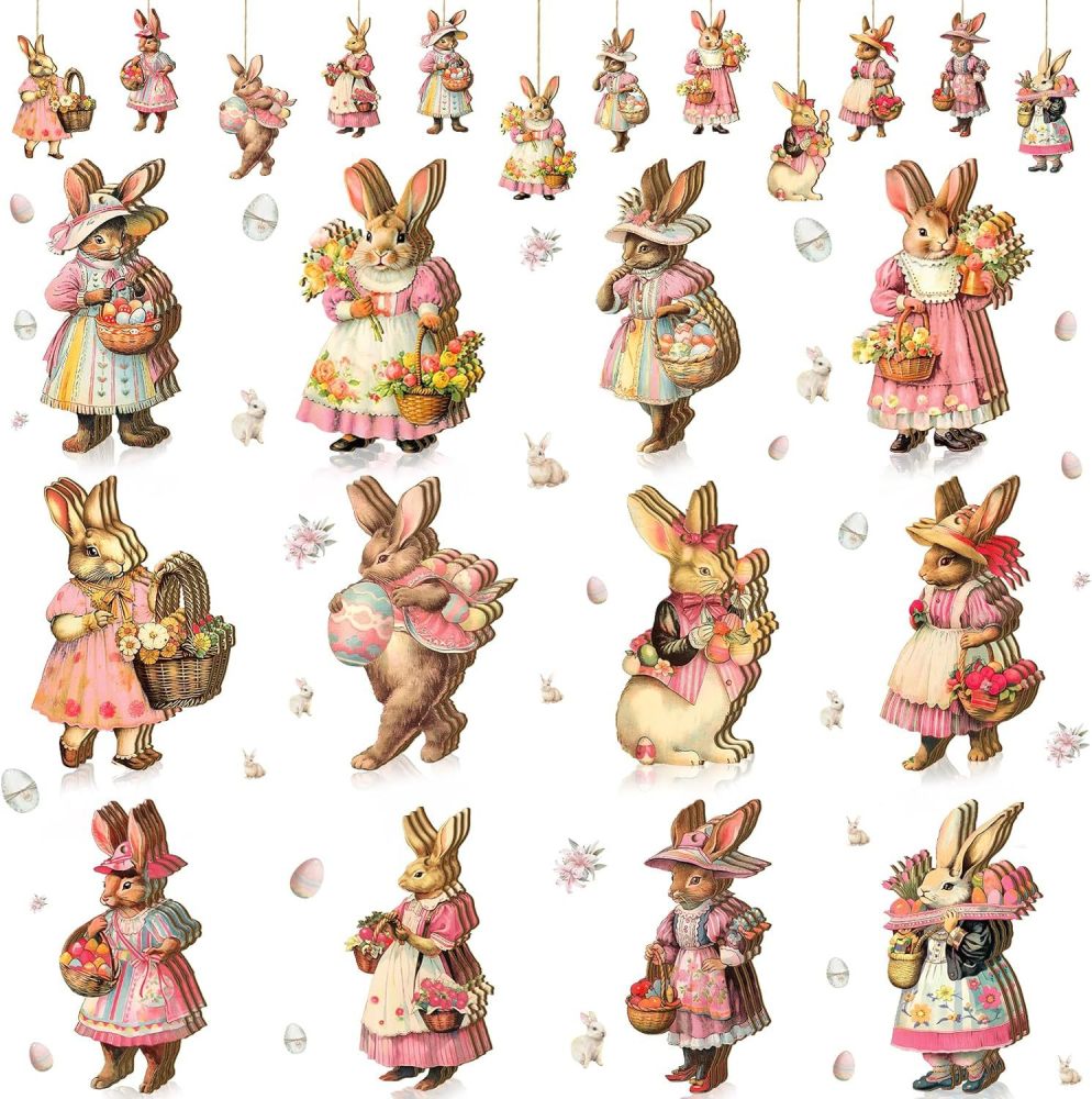 36 Retro Wooden Rabbit Decorations  for Spring Tree, Easter Party Supplies Home Decor