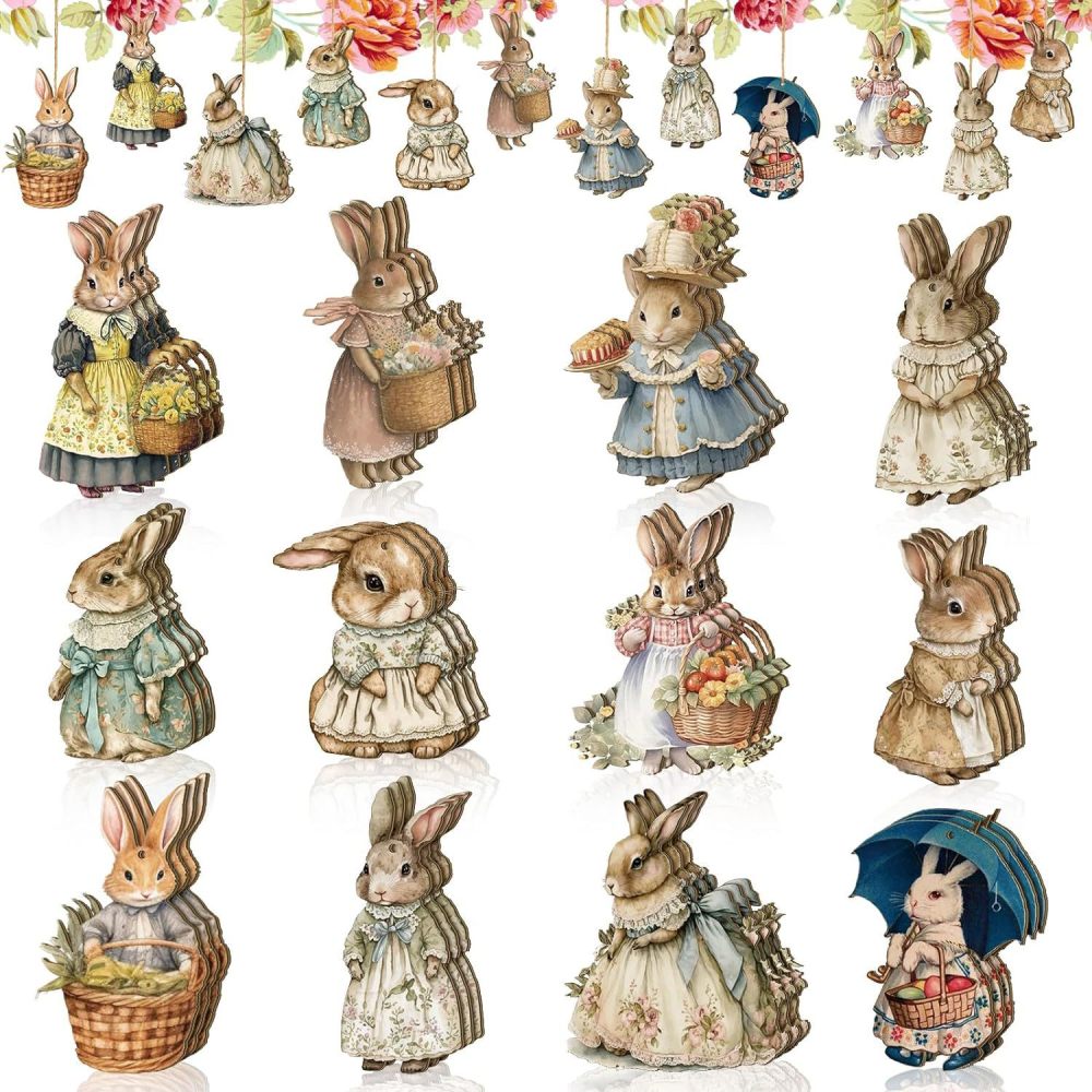 36 Retro Wooden Rabbit Decorations  for Spring Tree, Easter Party Supplies Home Decor