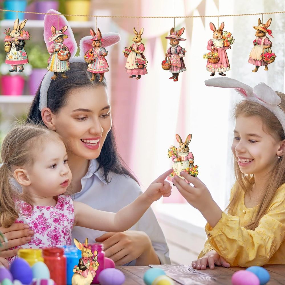 36 Retro Wooden Rabbit Decorations  for Spring Tree, Easter Party Supplies Home Decor