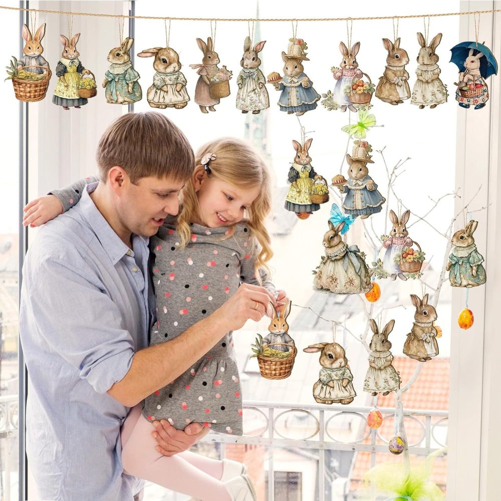 36 Retro Wooden Rabbit Decorations  for Spring Tree, Easter Party Supplies Home Decor