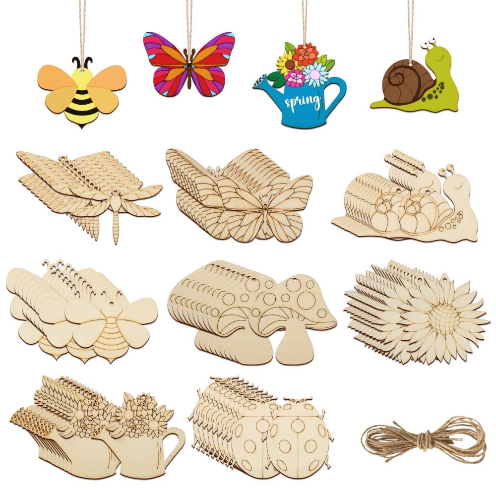 Wooden Easter Ornaments to Paint 8 Styles DIY Blank Unfinished Wood Cutouts Ornament for Crafts Hanging Decorations Egg Rabbit Bunny Butterfly Flower Hen Happy Easter