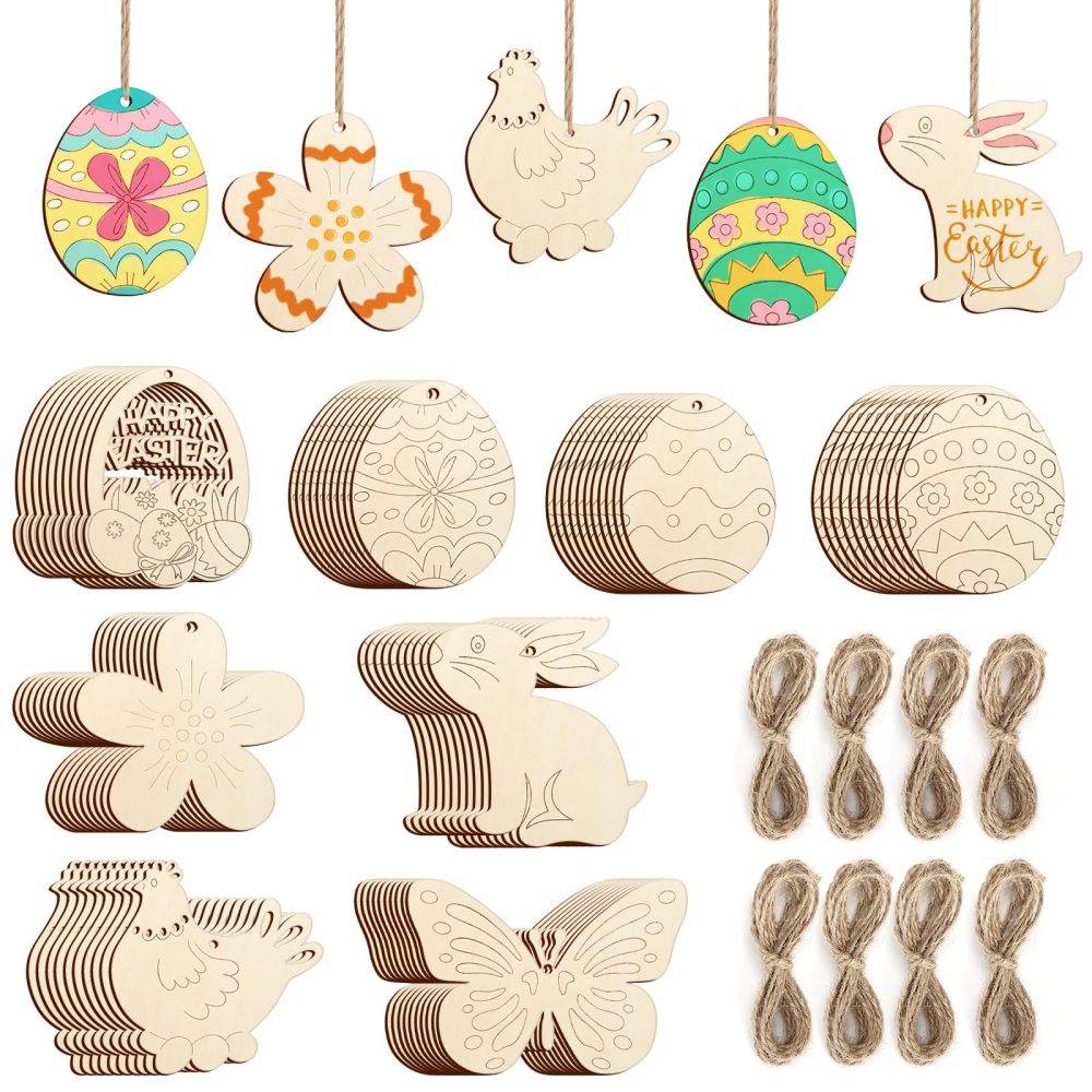 Wooden Easter Ornaments to Paint 8 Styles DIY Blank Unfinished Wood Cutouts Ornament for Crafts Hanging Decorations Egg Rabbit Bunny Butterfly Flower Hen Happy Easter