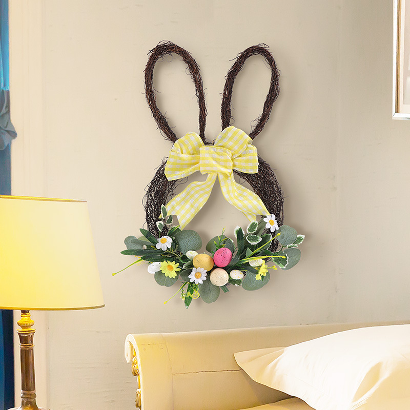 Easter Bunny Head-Shaped Natural Vine Berry Egg Decoration for Hanging on the Door Background Decoration Outdoor