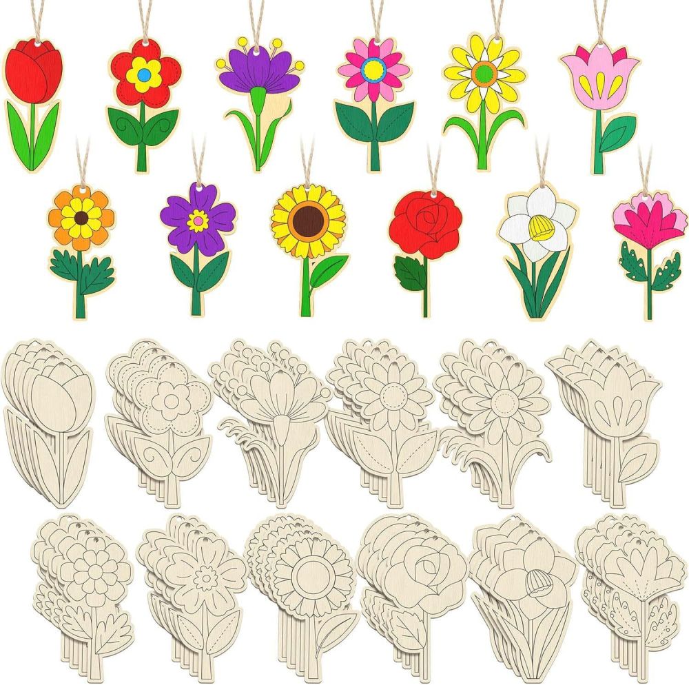 Wooden Easter Ornaments to Paint 8 Styles DIY Blank Unfinished Wood Cutouts Ornament for Crafts Hanging Decorations Egg Rabbit Bunny Butterfly Flower Hen Happy Easter