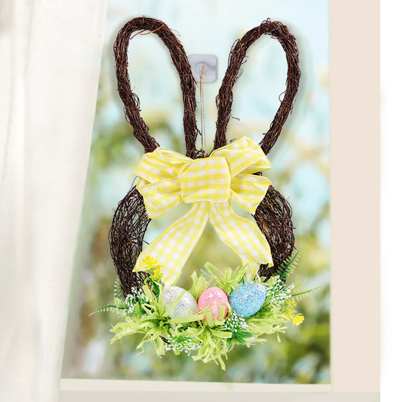 Easter Bunny Head-Shaped Natural Vine Berry Egg Decoration for Hanging on the Door Background Decoration Outdoor