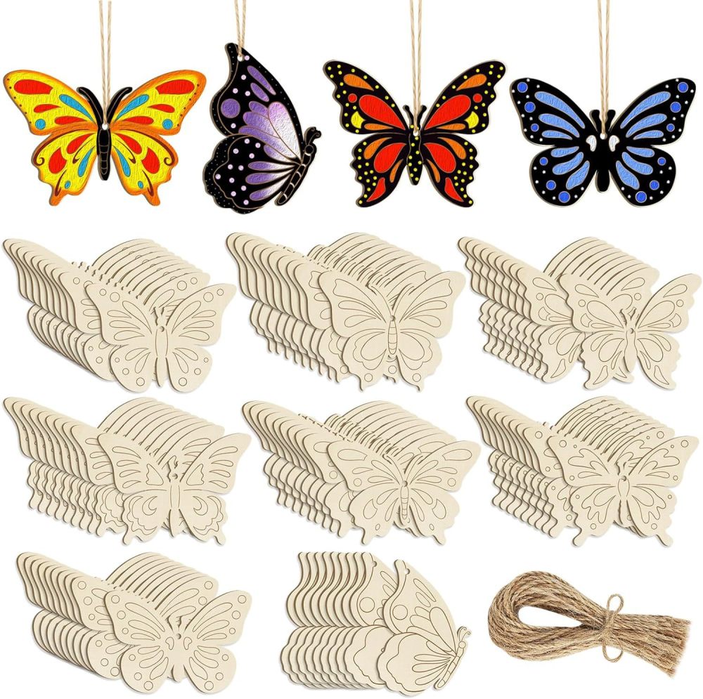 Wooden Easter Ornaments to Paint 8 Styles DIY Blank Unfinished Wood Cutouts Ornament for Crafts Hanging Decorations Egg Rabbit Bunny Butterfly Flower Hen Happy Easter