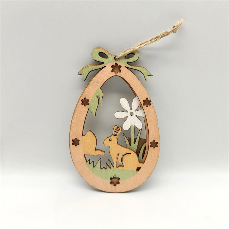 Easter Wooden Bunny Egg Hanging Creative Easter Party Decoration Wooden Pieces Double Hollowed Out Wooden Hanging Signs