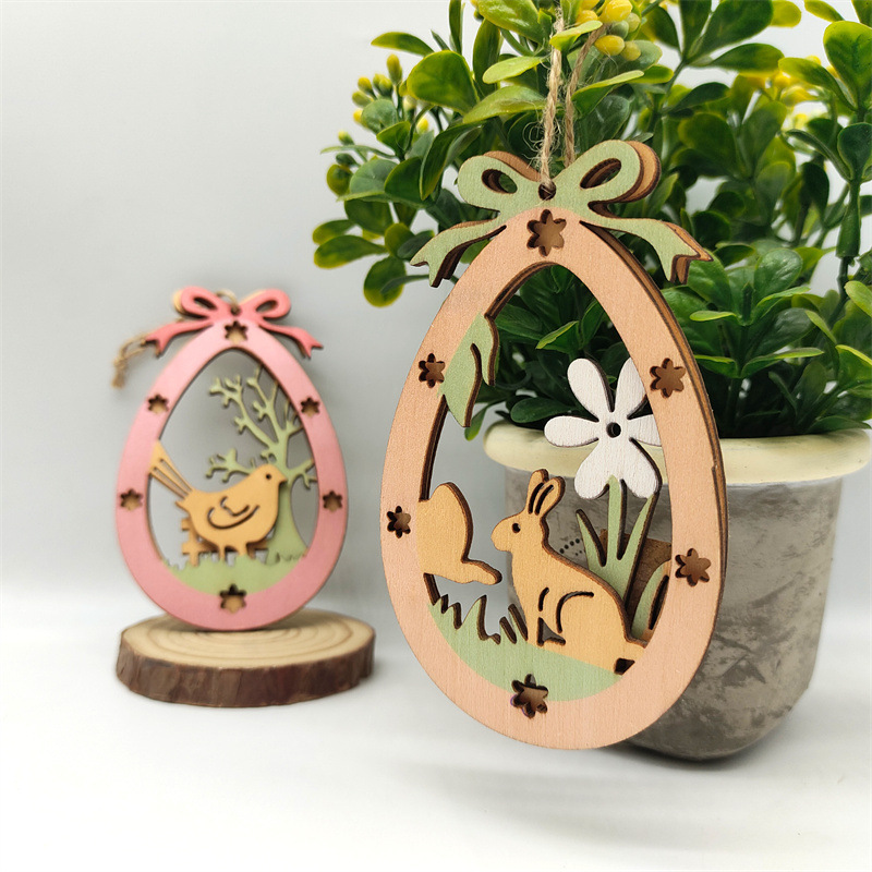 Easter Wooden Bunny Egg Hanging Creative Easter Party Decoration Wooden Pieces Double Hollowed Out Wooden Hanging Signs