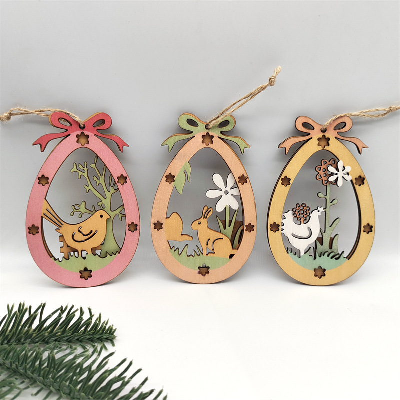 Easter Wooden Bunny Egg Hanging Creative Easter Party Decoration Wooden Pieces Double Hollowed Out Wooden Hanging Signs