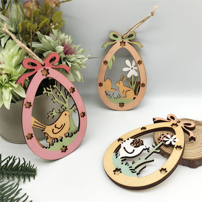 Easter Wooden Bunny Egg Hanging Creative Easter Party Decoration Wooden Pieces Double Hollowed Out Wooden Hanging Signs