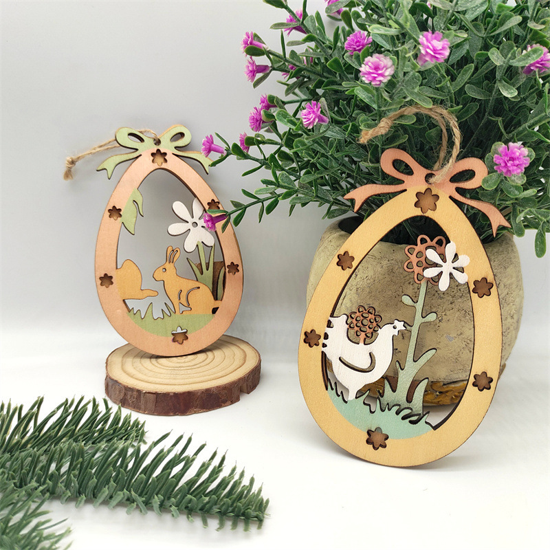Easter Wooden Bunny Egg Hanging Creative Easter Party Decoration Wooden Pieces Double Hollowed Out Wooden Hanging Signs
