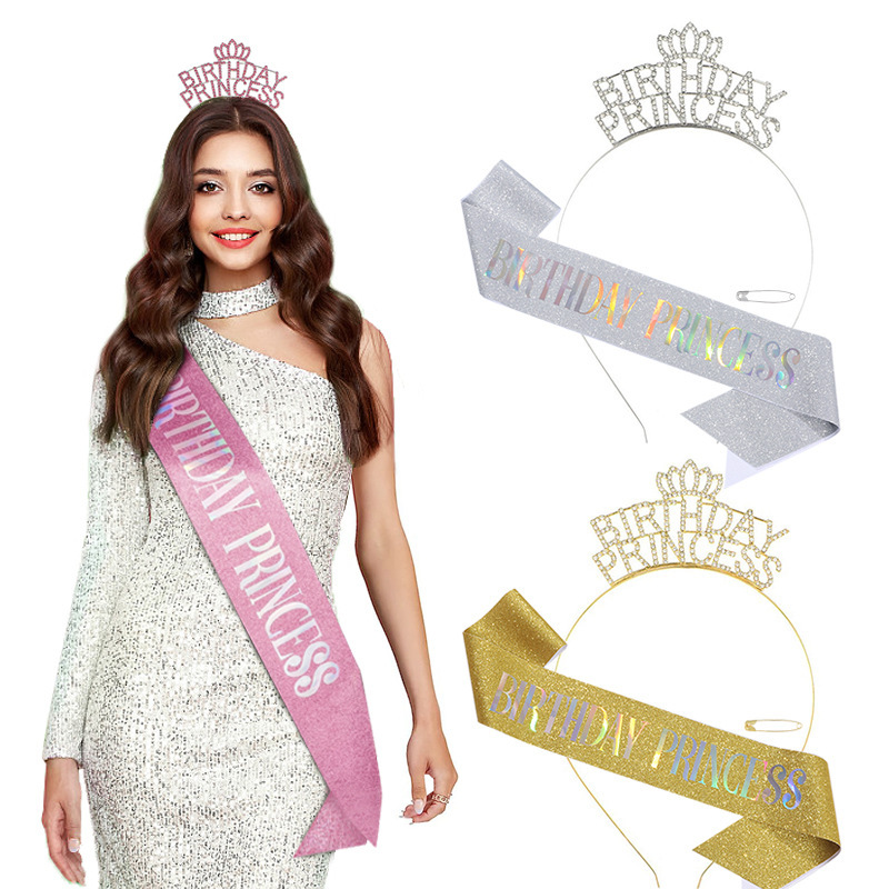 Cross-border princess crown headband shoulder strap Birthday princess glitter belt birthday party headdress