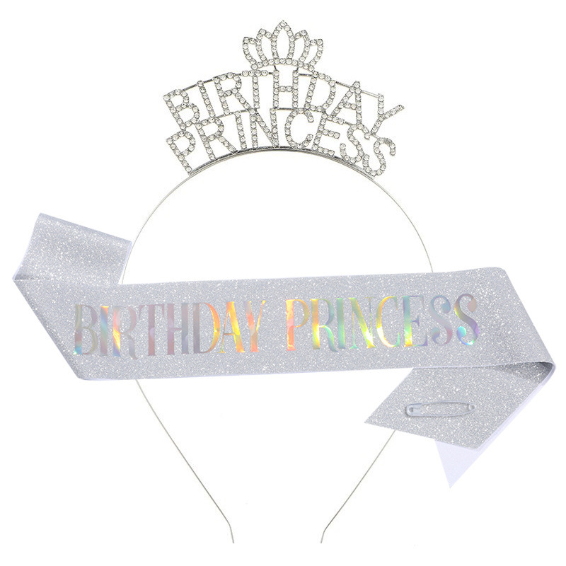 Cross-border princess crown headband shoulder strap Birthday princess glitter belt birthday party headdress
