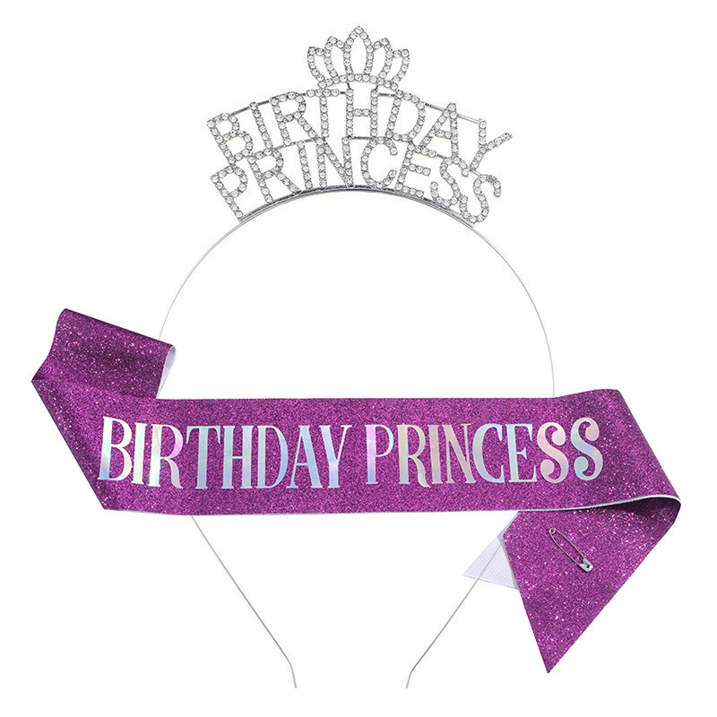 Cross-border princess crown headband shoulder strap Birthday princess glitter belt birthday party headdress