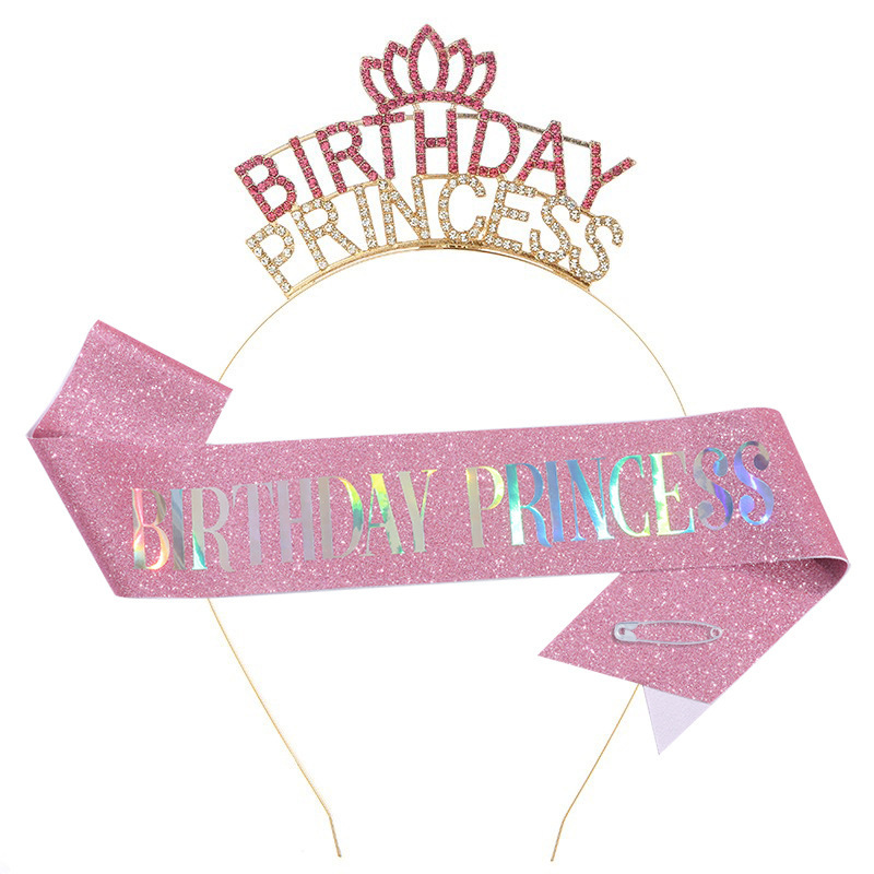 Cross-border princess crown headband shoulder strap Birthday princess glitter belt birthday party headdress