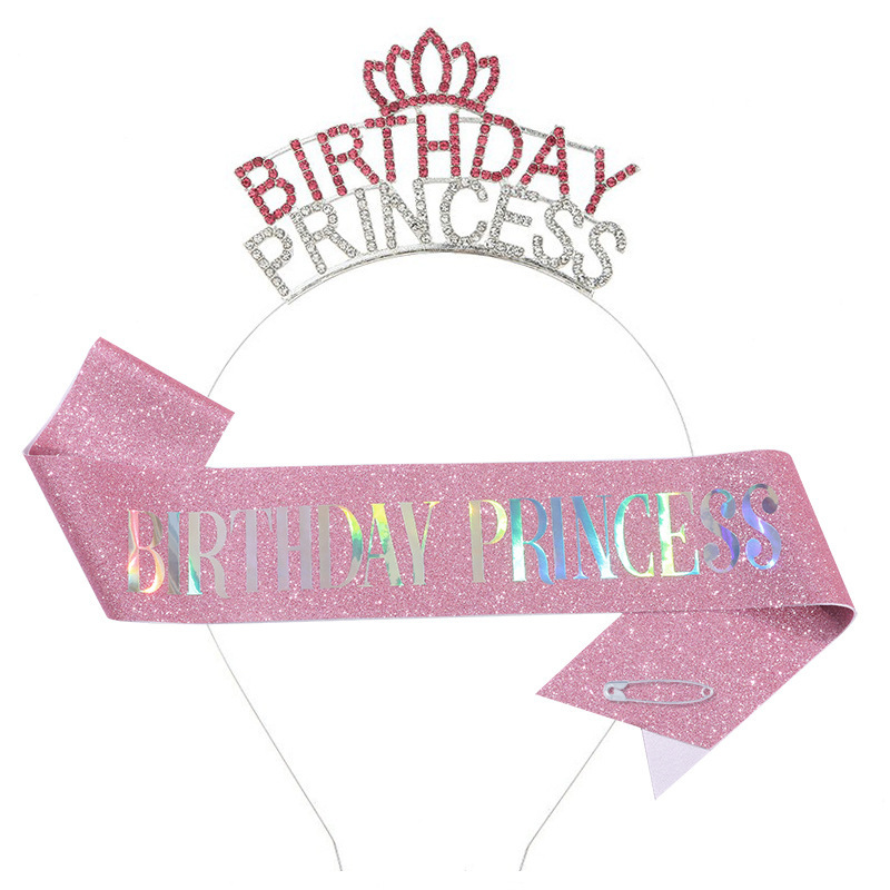 Cross-border princess crown headband shoulder strap Birthday princess glitter belt birthday party headdress