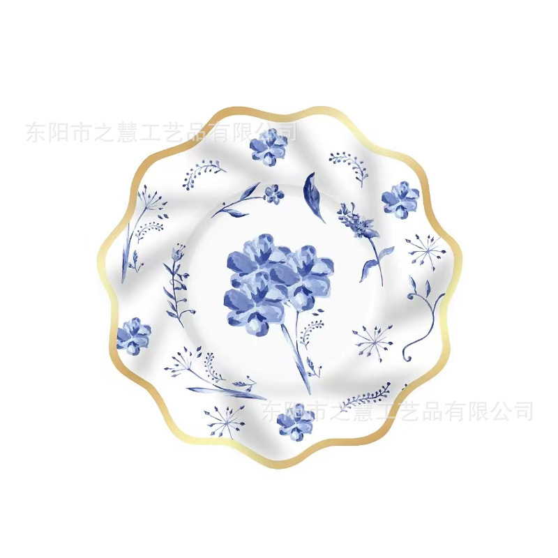 Special-shaped wave lace paper plate blue and white porcelain fresh hot selling new paper plate paper cup paper towel party tableware arrangement