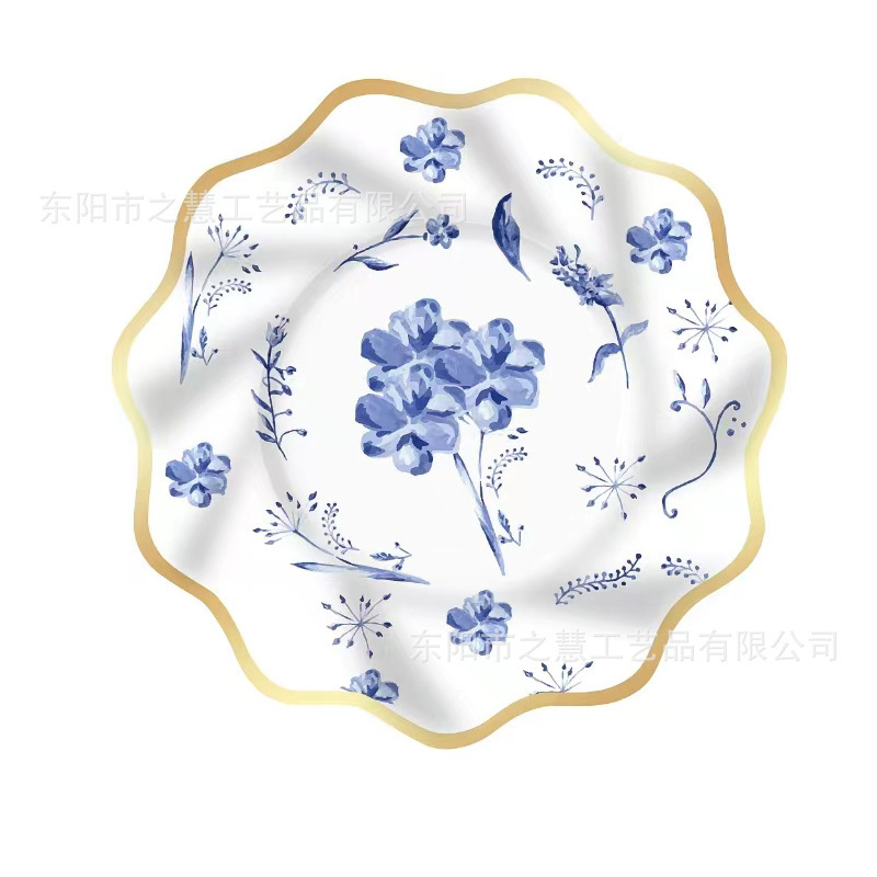 Special-shaped wave lace paper plate blue and white porcelain fresh hot selling new paper plate paper cup paper towel party tableware arrangement