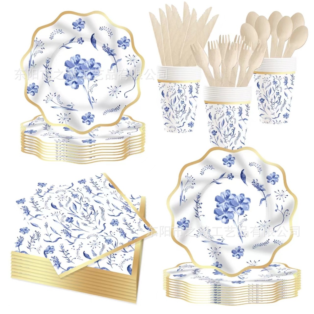 Special-shaped wave lace paper plate blue and white porcelain fresh hot selling new paper plate paper cup paper towel party tableware arrangement