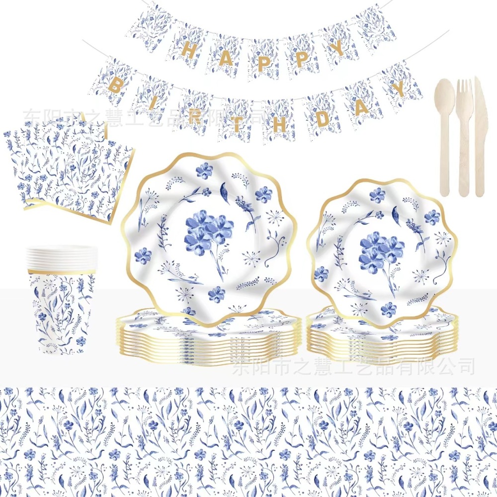 Special-shaped wave lace paper plate blue and white porcelain fresh hot selling new paper plate paper cup paper towel party tableware arrangement