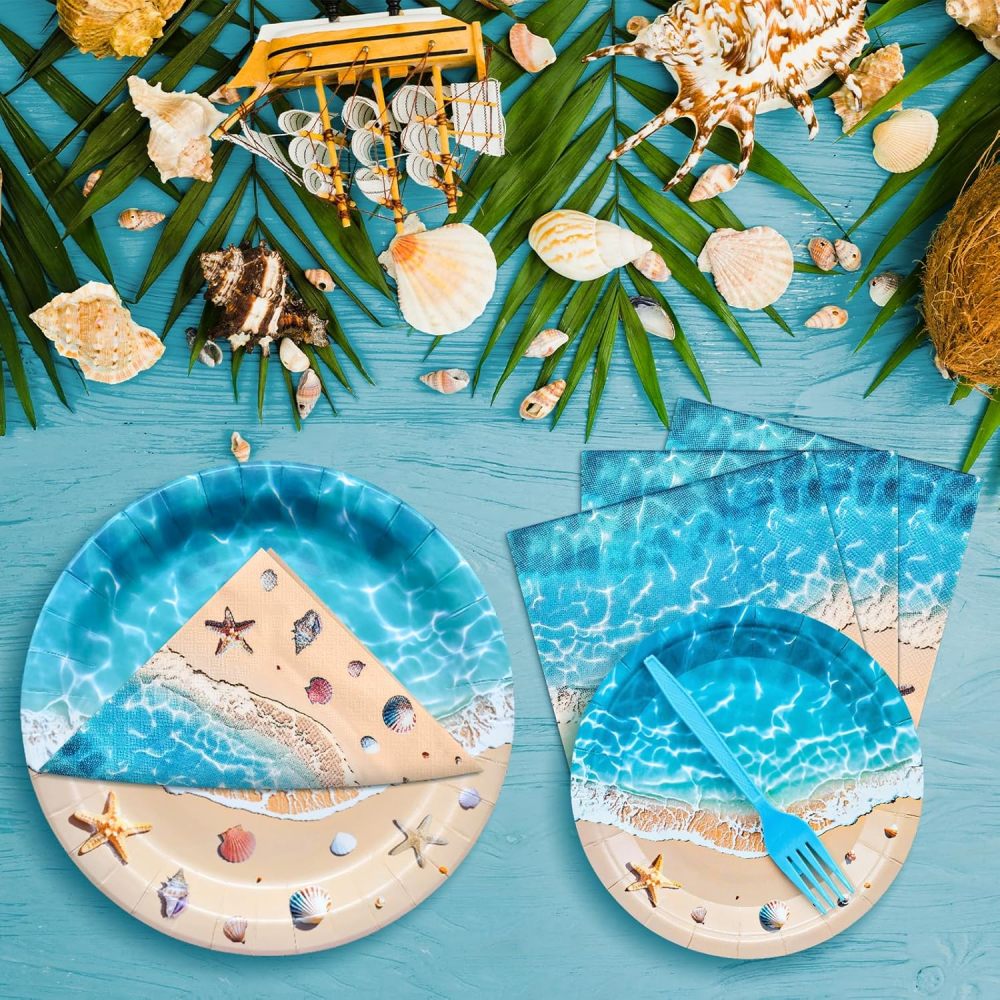 100 件夏季沙滩餐具派对用品 - 一次性海浪夏威夷餐具套装,带盘子、餐巾和叉子,适用于海滩主题,夏威夷,热带泳池派对装饰 - 25 份