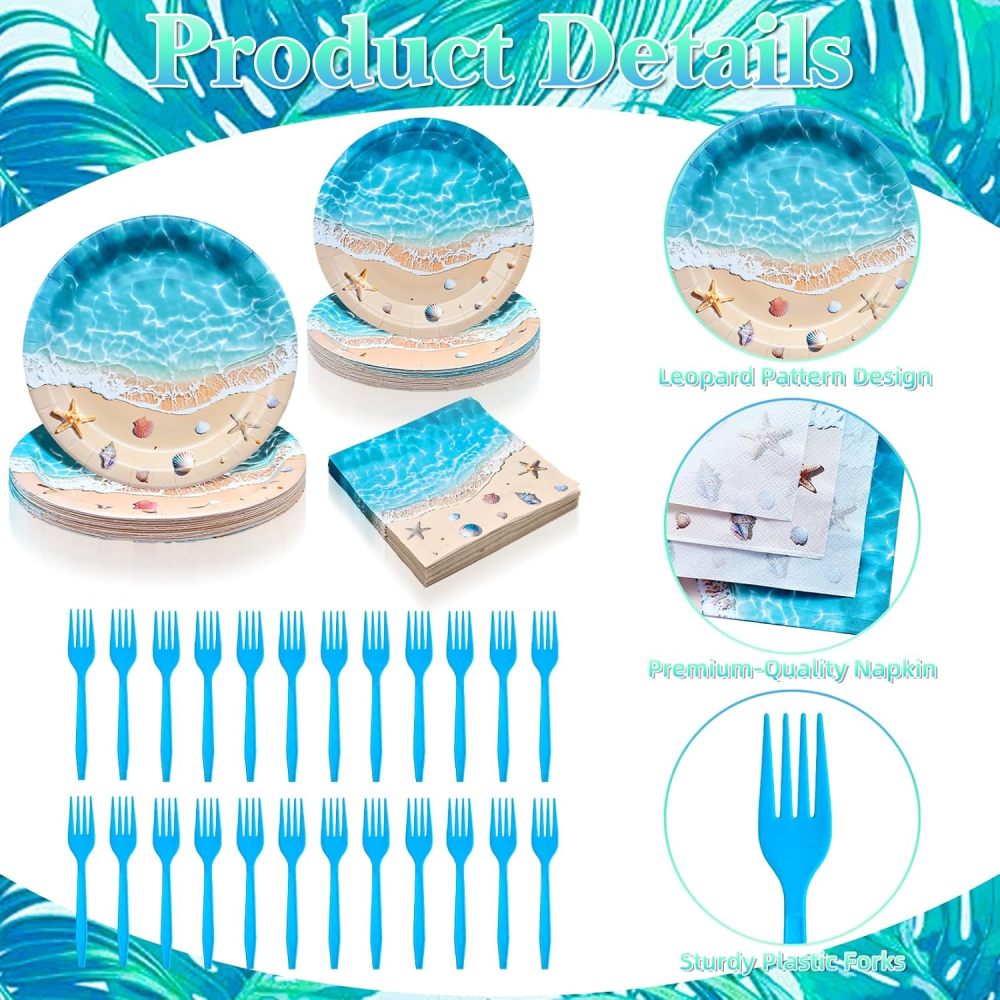 100 件夏季沙滩餐具派对用品 - 一次性海浪夏威夷餐具套装,带盘子、餐巾和叉子,适用于海滩主题,夏威夷,热带泳池派对装饰 - 25 份
