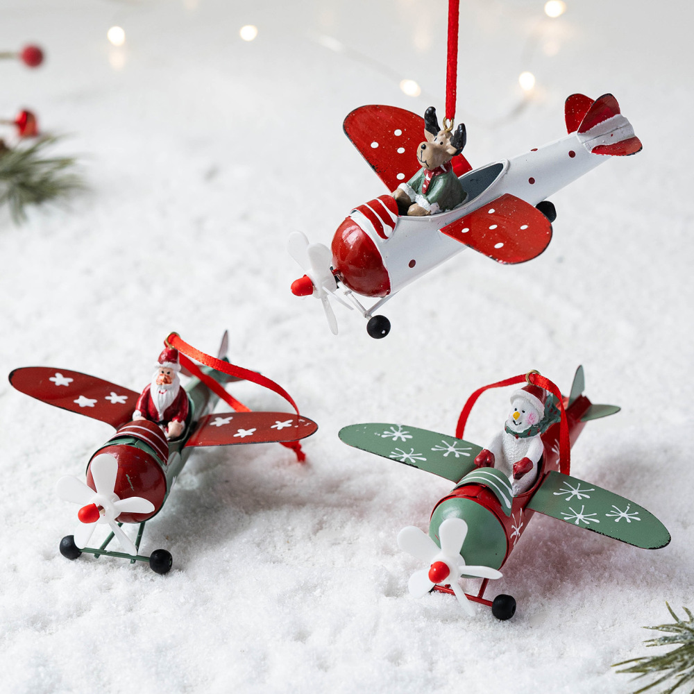 Cross-border new Christmas decorations iron small airplane Santa Claus snowman elk pendant Christmas tree decoration