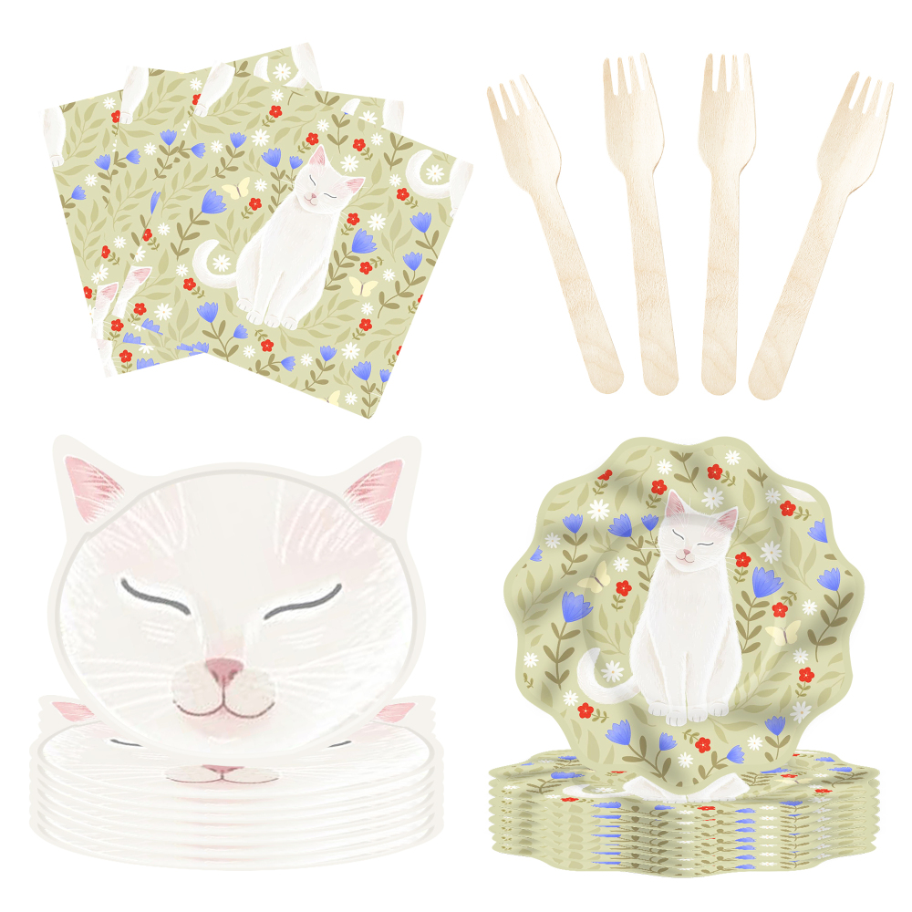 DAMAI New Design Party Supply Kits Animal Theme Cat Shape Disposable Party Paper Plates Tableware Sets for Kid Party