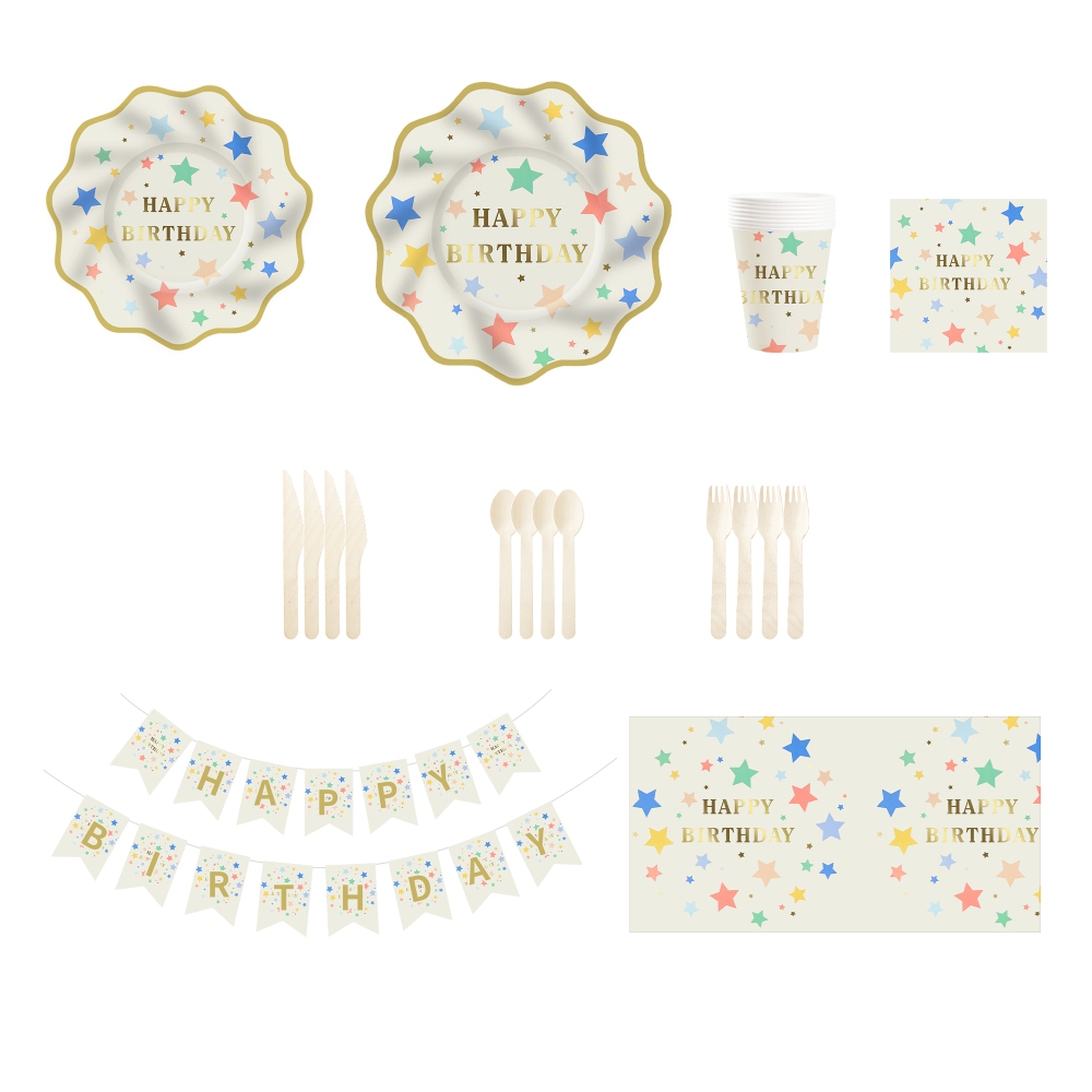 DAMAI Happy Birthday Tableware Set with Gold Stamping Disposable Paper Plates Napkins Cups with Star Party Kits for Kid Party