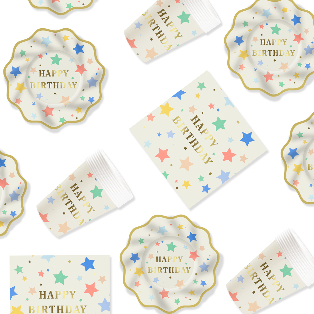 DAMAI Happy Birthday Tableware Set with Gold Stamping Disposable Paper Plates Napkins Cups with Star Party Kits for Kid Party