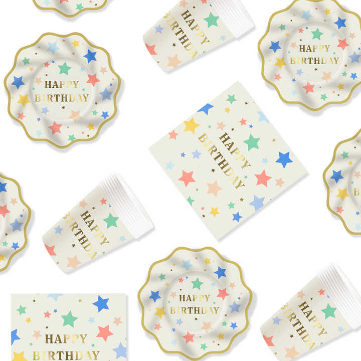 DAMAI Happy Birthday Tableware Set with Gold Stamping Disposable Paper Plates Napkins Cups with Star Party Kits for Kid Party